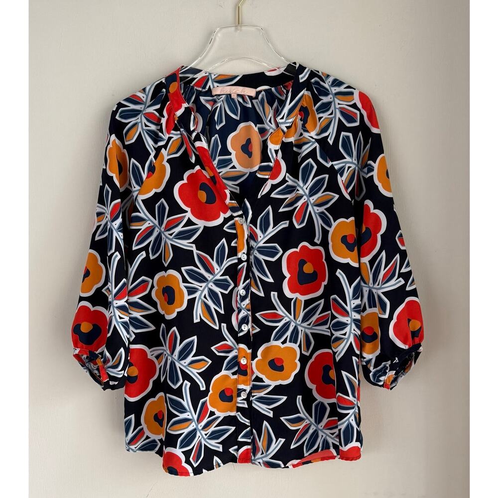 Anthropologie HUTCH Westbrooke V-neck Blouse Sz Medium Blue Orange Retro Florals